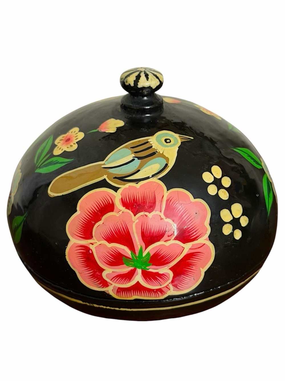 Hand Painted Black Lacquered Gourd Folk Art Bird & Peony Floral Lidded Trinket B